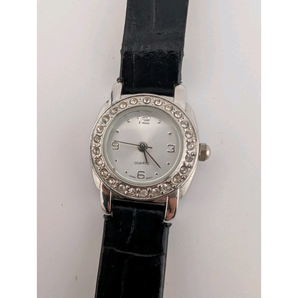 Women's Quartz Watch 21mm‎ Silver Case Pave Bezel Black Band- New Battery